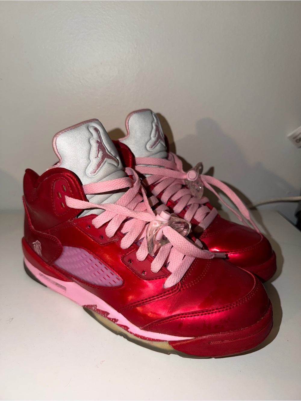 Jordan Kids Metallic Red and Pink Retro 5 Sneakers